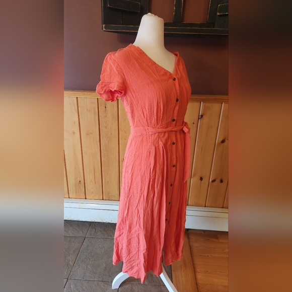 Loft V Neck Midi Shirt Dress Coral Button Down Sundress Size 0 - Picture 8 of 13